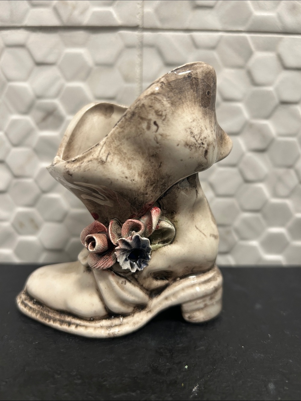 Vintage Ceramic Boot Planter Vase - Applied Roses - Shabby Chic Boot 3.5 in